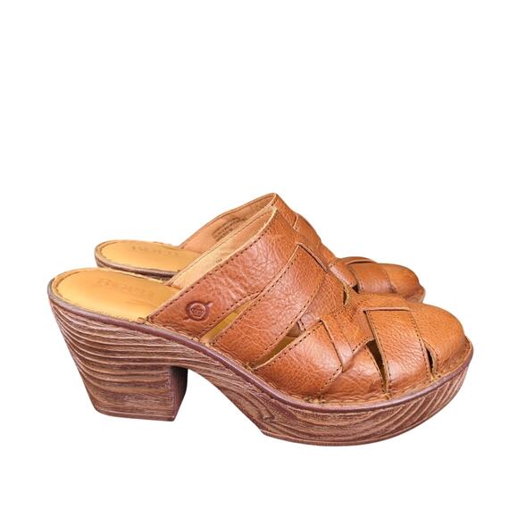 Born Pollina Brown Leather Clog Mule Leather‎ Woven Slip-on Wedge Heel Women's 9 - Picture 1 of 9